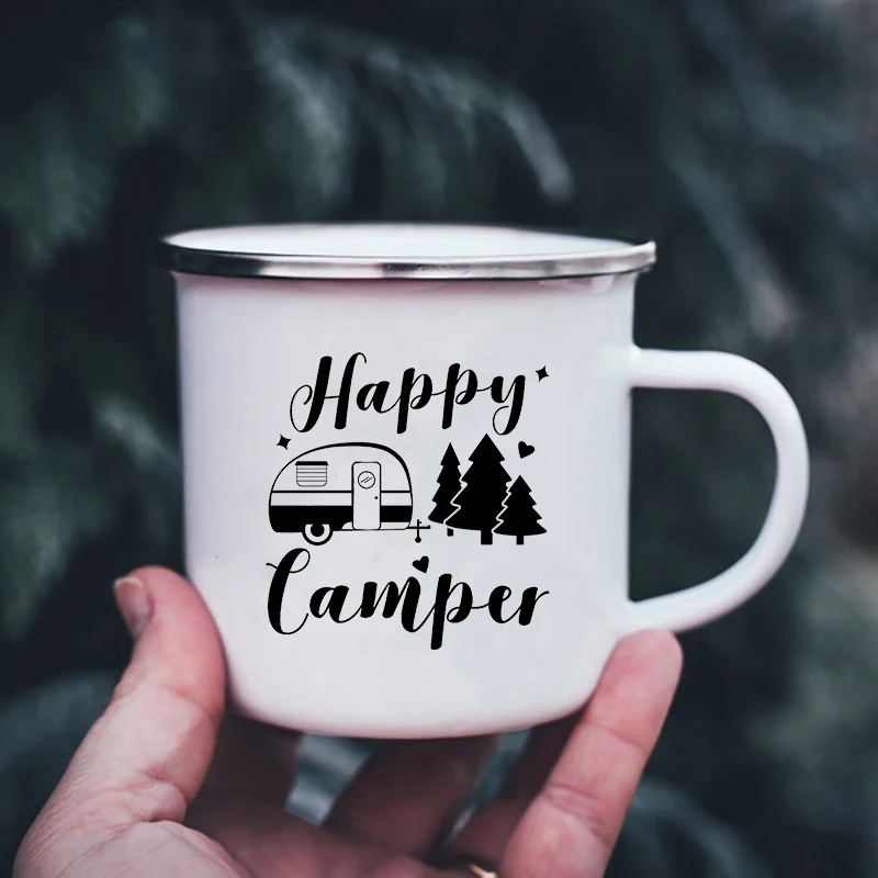 Mountain Print Enamel Cups Camping Mugs Handle Drinkware Vacation Hiking Campfire Mug Outdoor Campervan Coffee cup Camper Gifts