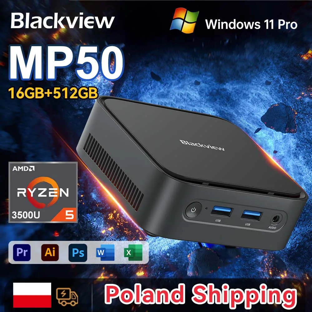 [Wysyłka z Polski] Mini komputer BLACKVIEW MP50, AMD Ryzen 5 3500U, Windows 11 Pro, 16 GB DDR4, 512 GB SSD, komputer mini, Wi-Fi 5.0