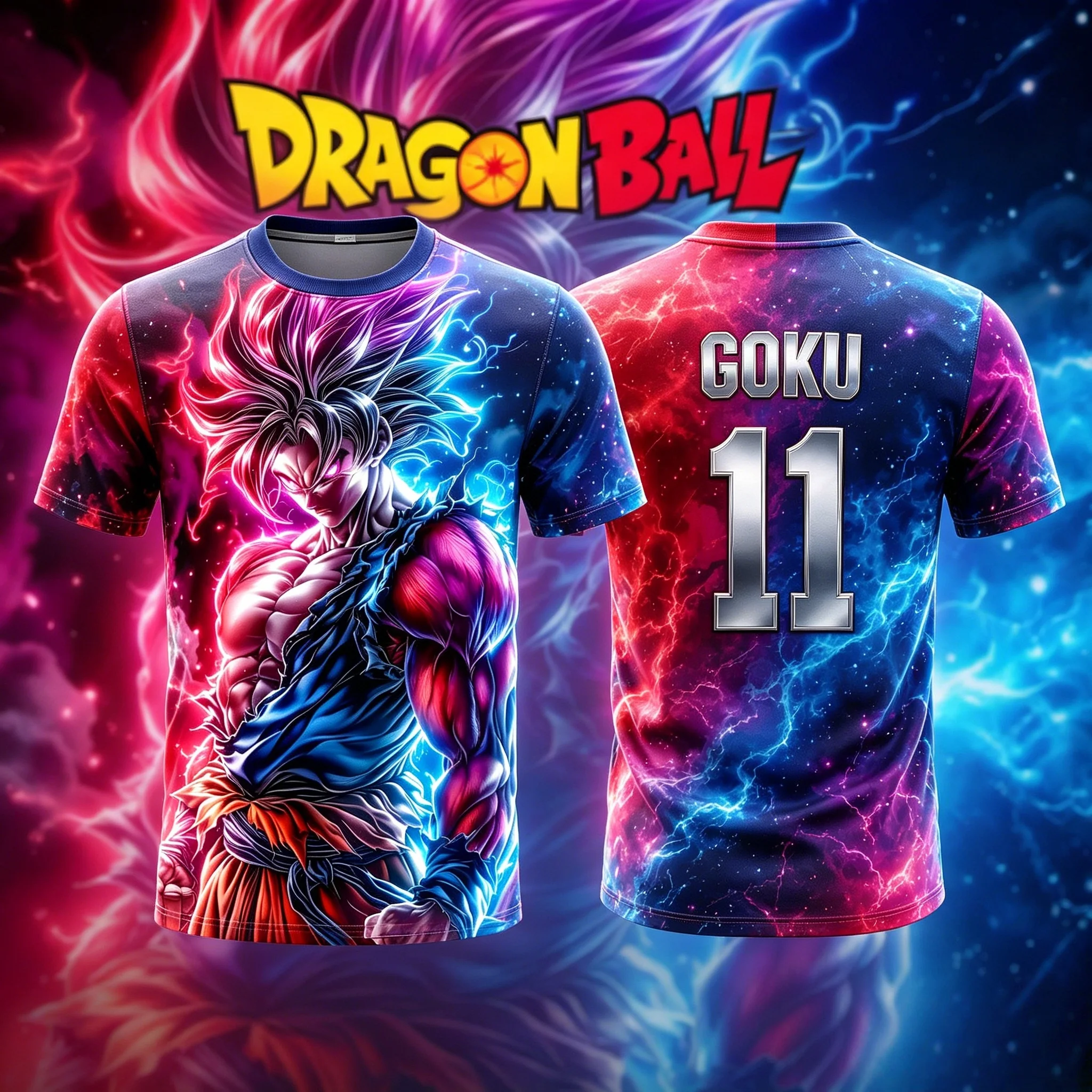 Dragon Ball Ultra Instinct Goku No11 Red Blue Galaxy Lightning Print Men Soccer Jersey Quick Dry Anime Sports T-Shirt