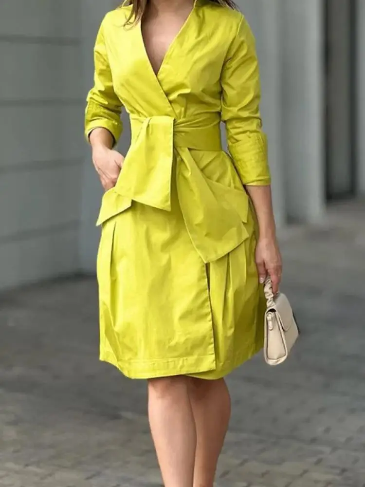 

Lemongor Female Fashion Solid Color Pleated V-Neck Commute Dress 2024 Spring Long Sleeves Tied Waist A-Line Party Mini Dresses