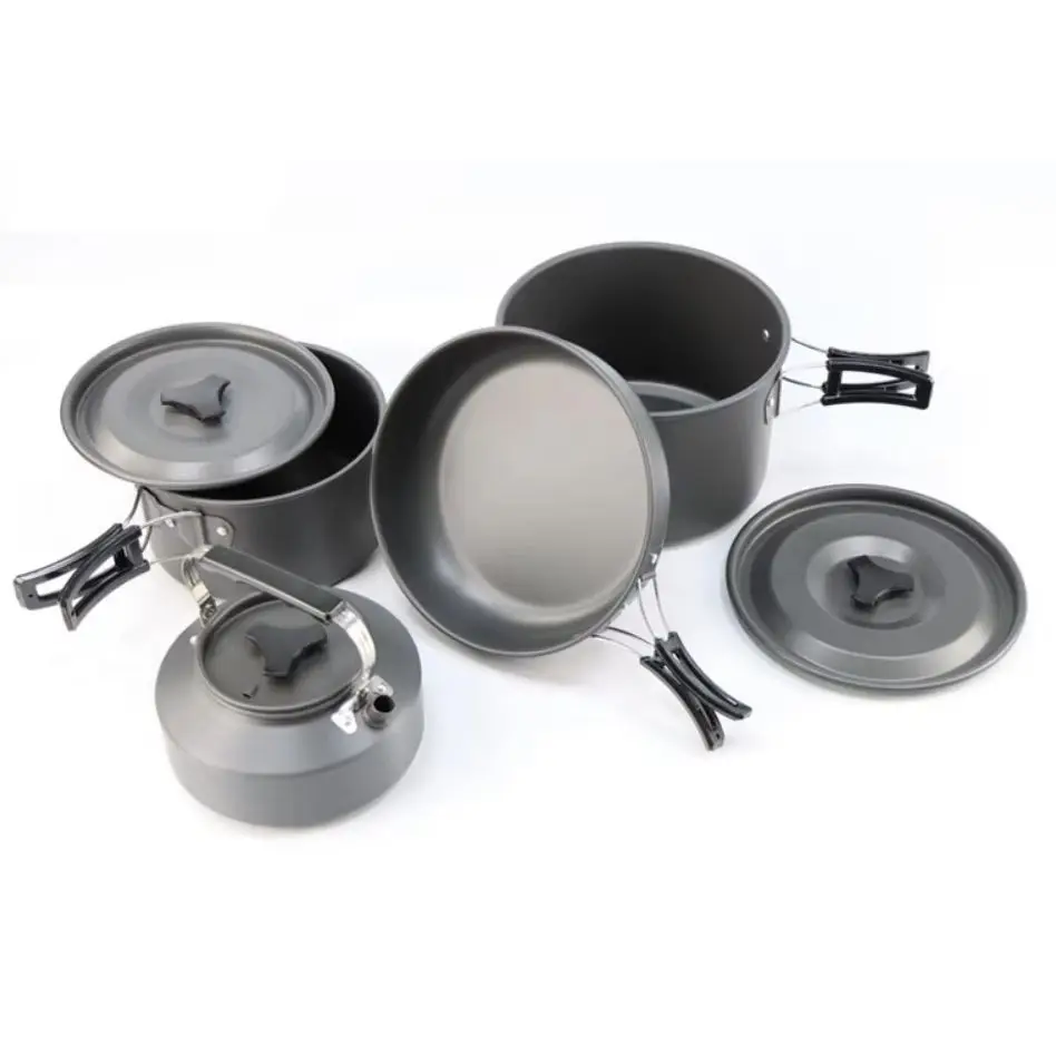 طقم طهي كبير للتخييم في الهواء الطلق مع 2-4 أوعية متداخلة وأواني طهي للتخييم من سبائك الألومنيوم خفيفة الوزن لسهولة الحمل