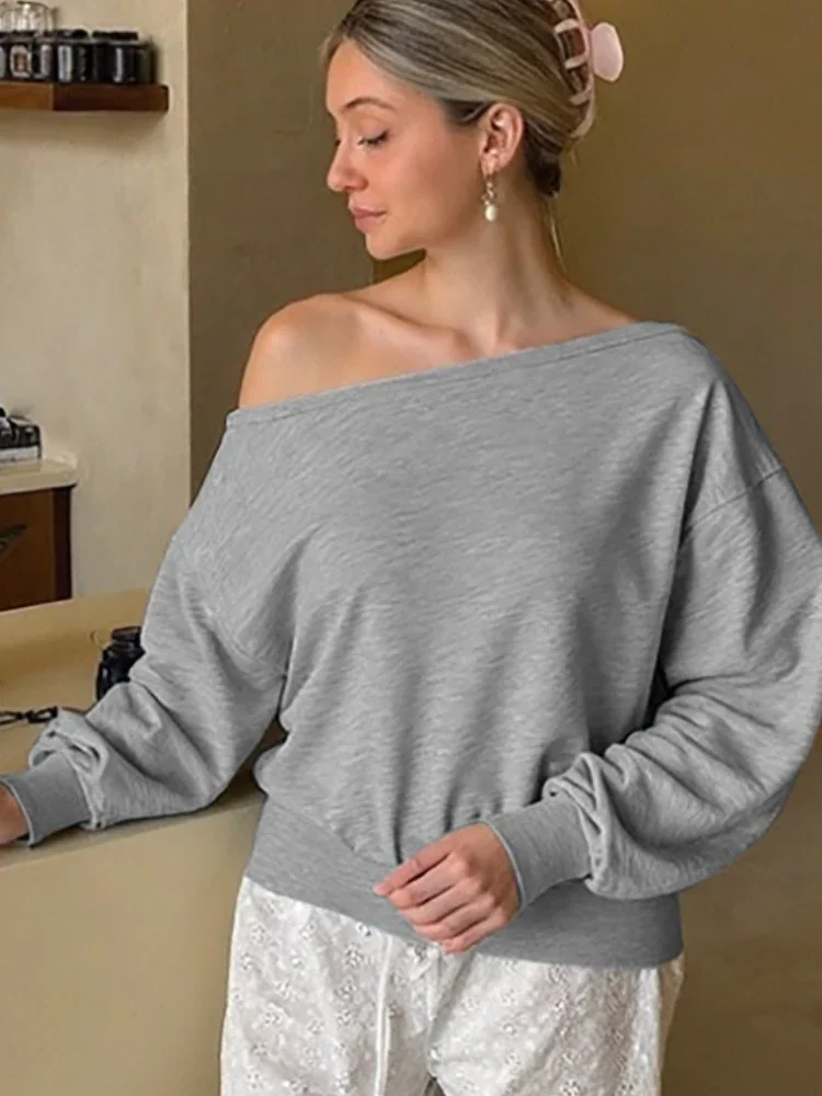 

Casual Off-Shoulder Pullover For Women Autumn Loose Long Sleeves Solid High Waist Streetwear Women's Pleated Pullover Top