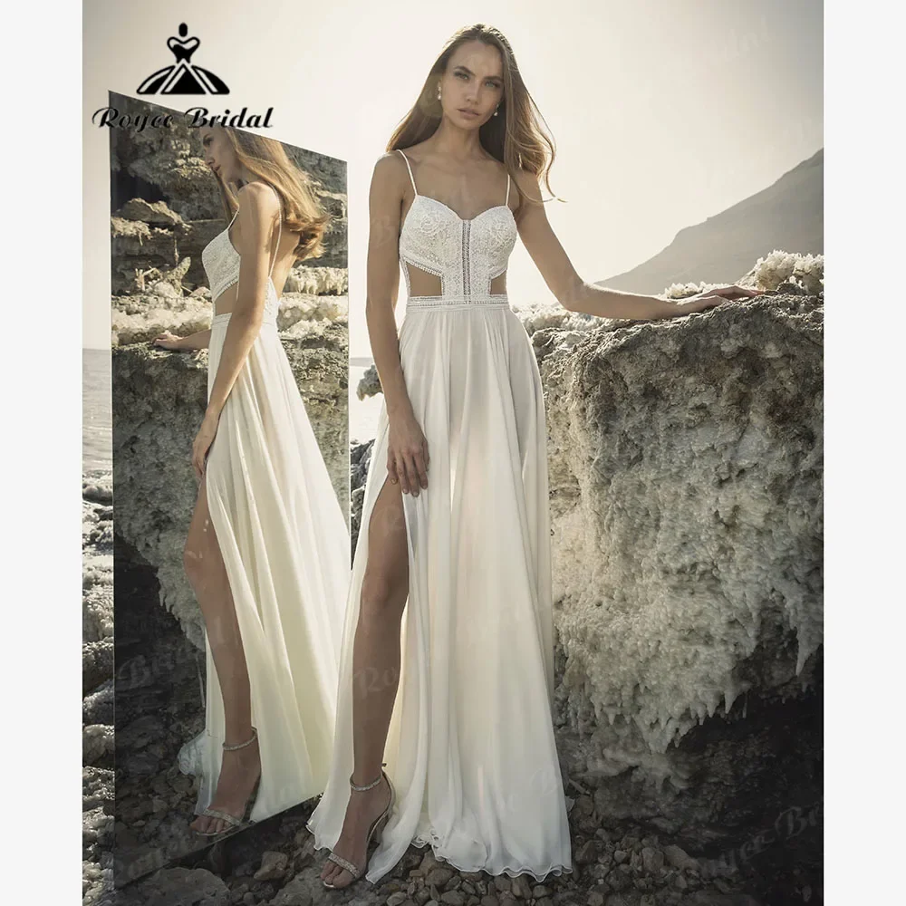 Seksowna Boho szyfonowa artystyczna plaża suknia ślubna z rozcięciem dla kobiet 20220 Backless paski Spaghetti szata cywilna suknia ślubna trouwjurk