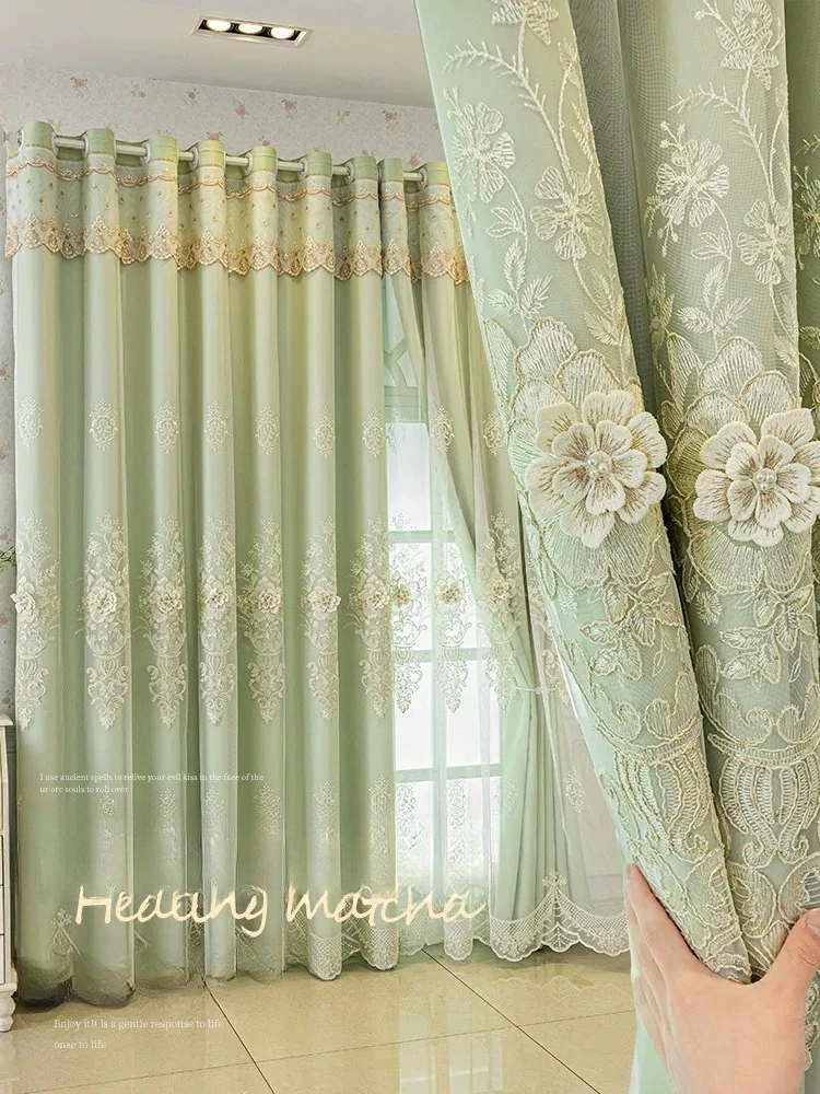 Customized  Simple European Style Double-layer Curtains with Gauze Integrated Bedroom Strong Blackout Living Room Matcha Green