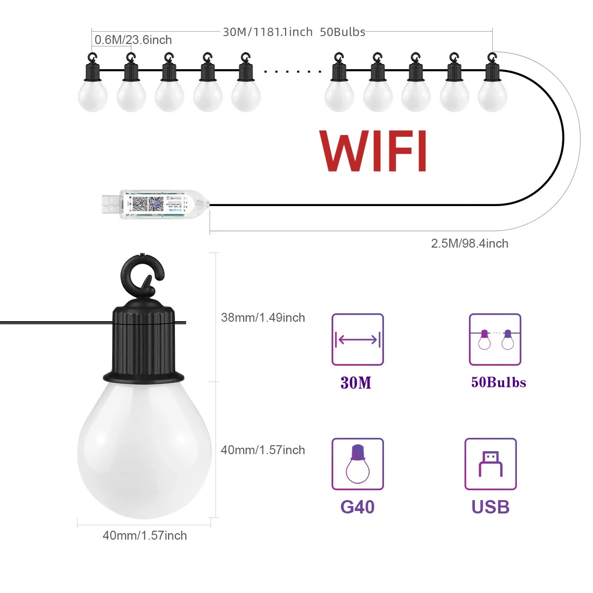 Outdoor waterdichte LED-lichtslinger USB 15M 25 lampen Kerstverlichting Bluetooth LED-slingerlamp Kamer Tuin Camping Kerstdecoratie