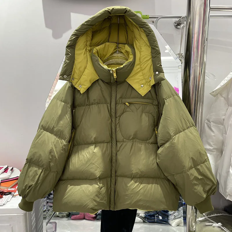 Winter 2023 Korean New Fashion Puffy Hooded Short Feather Coat Short Loose White Duck Down Jacket Female