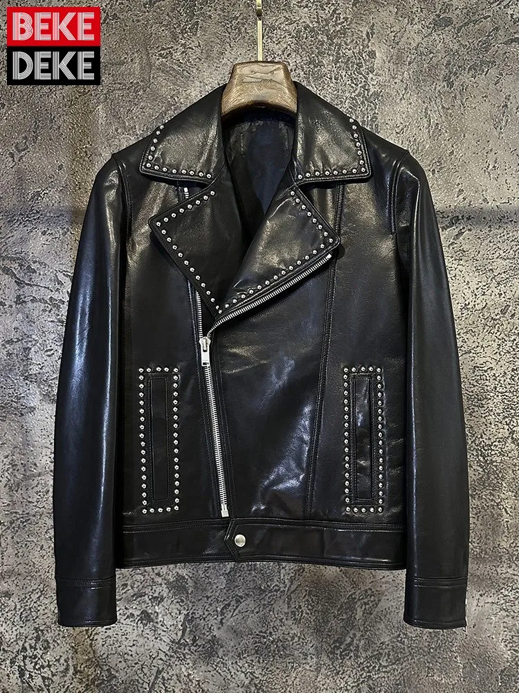 Streetwear Punk Goatskin Genuine Leather Jacket Male Fashion Designer Rivets Slim Fit Personality Zipper Motorcycle Short Coat