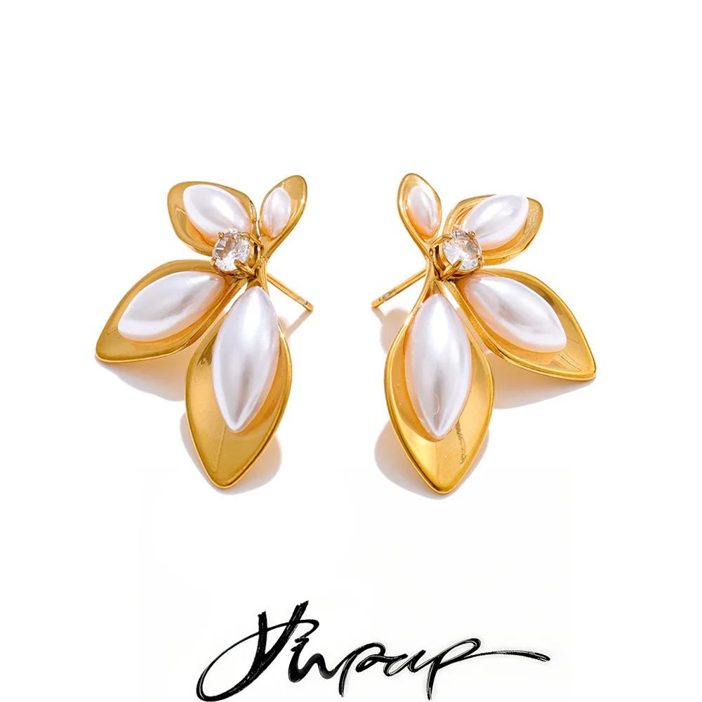 Yhpup Hot Style Simulated Pearls Zirconia Flower Stud Earrings Stainless Steel Fashion Chic Charming Jewelry Prevent Allergy