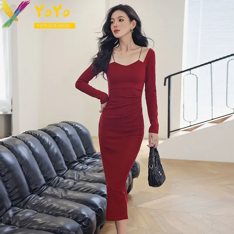 

Elegant Red Spaghetti Strap Long Sleeve Square Collar Split Dress Autumn/Winter 2024 Fashion Temperament Slim Fit Luxury Dress