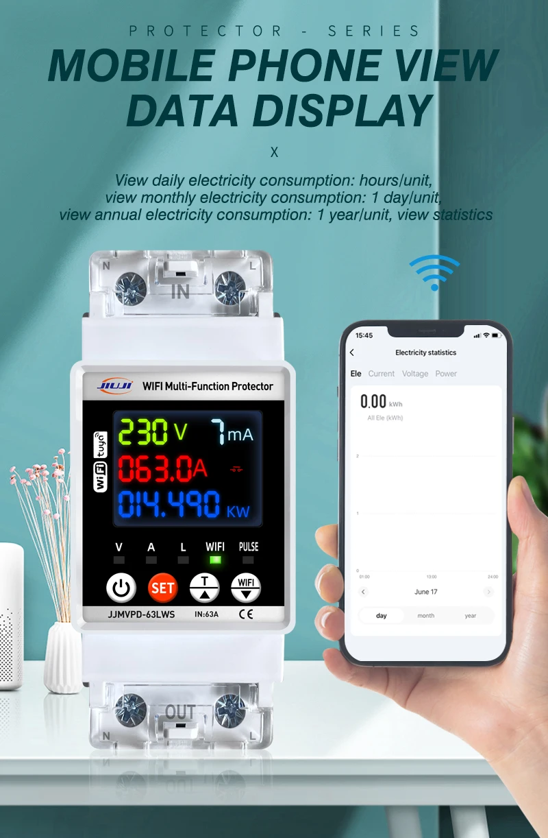 WIFI Akıllı Anahtar TUYA Enerji Ölçer Kwh Ölçümü 63A Devre Kesici