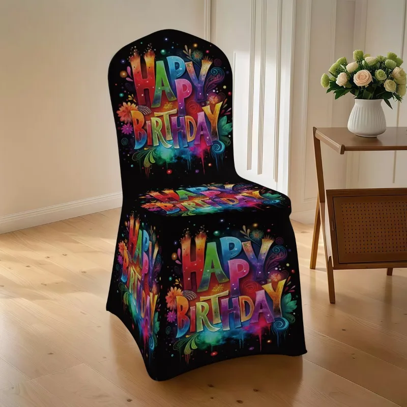 Happy Birthday stretch chair cover. Washable, easy to install. Great for parties, home and banquets. Ideal decoration & gift.