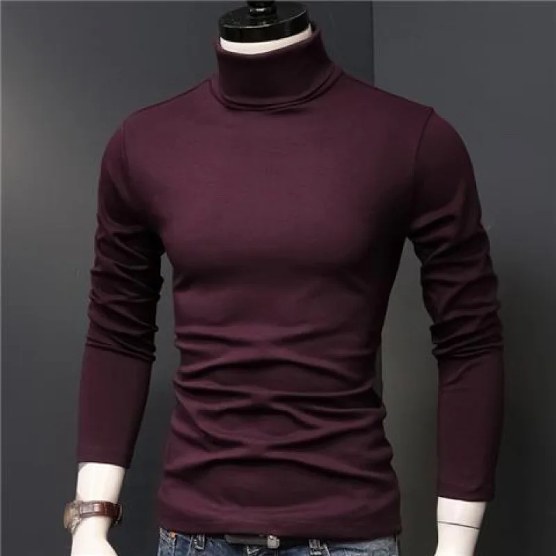 Men Slim Fit Turtleneck T Shirts Male Solid Color Long Sleeve T Shirts Autumn Spring Casual High Neck Tshirt Top Plus Size M-3XL