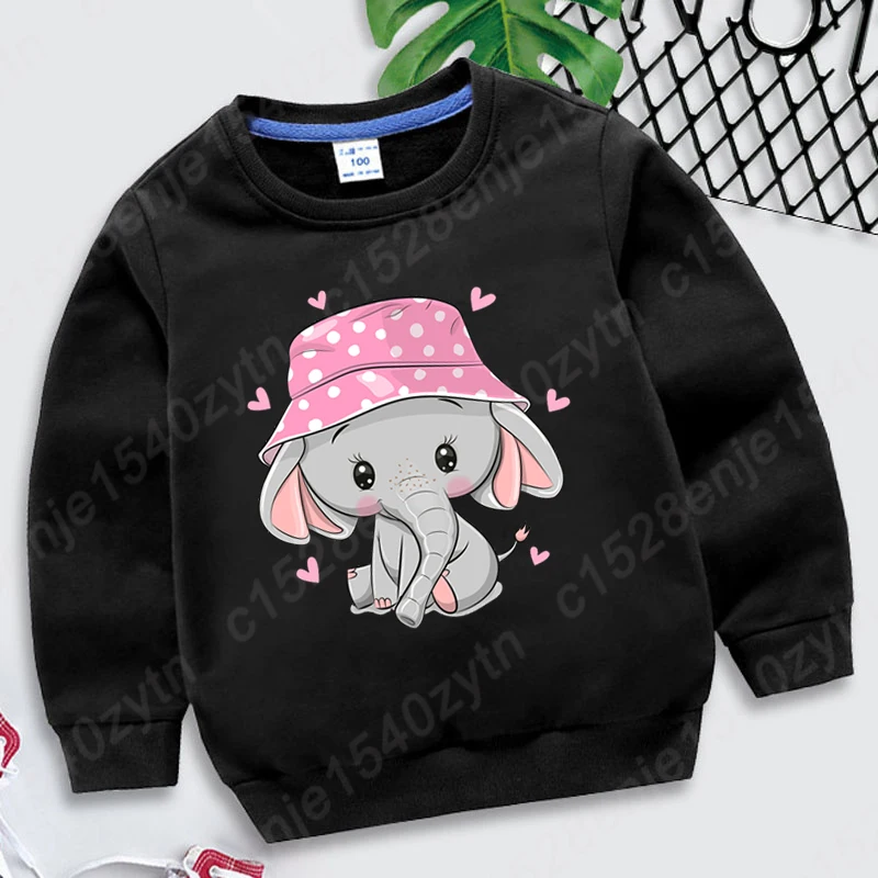 Popular Elephant Print Pullovers Children Fashion Solid Color Round Neck Hoodless Sweatshirts Autumn Winter Sweatshirt Plus Size