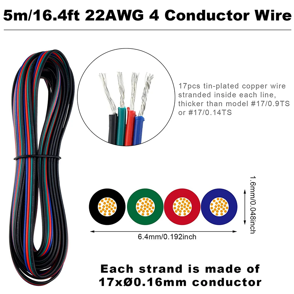 10pcs 4 Pin LED Connector 10mm RGB LED Strip to Wire Connector with 5M RGB Connection Cable 22 AWG for 5050 RGB LED Strip