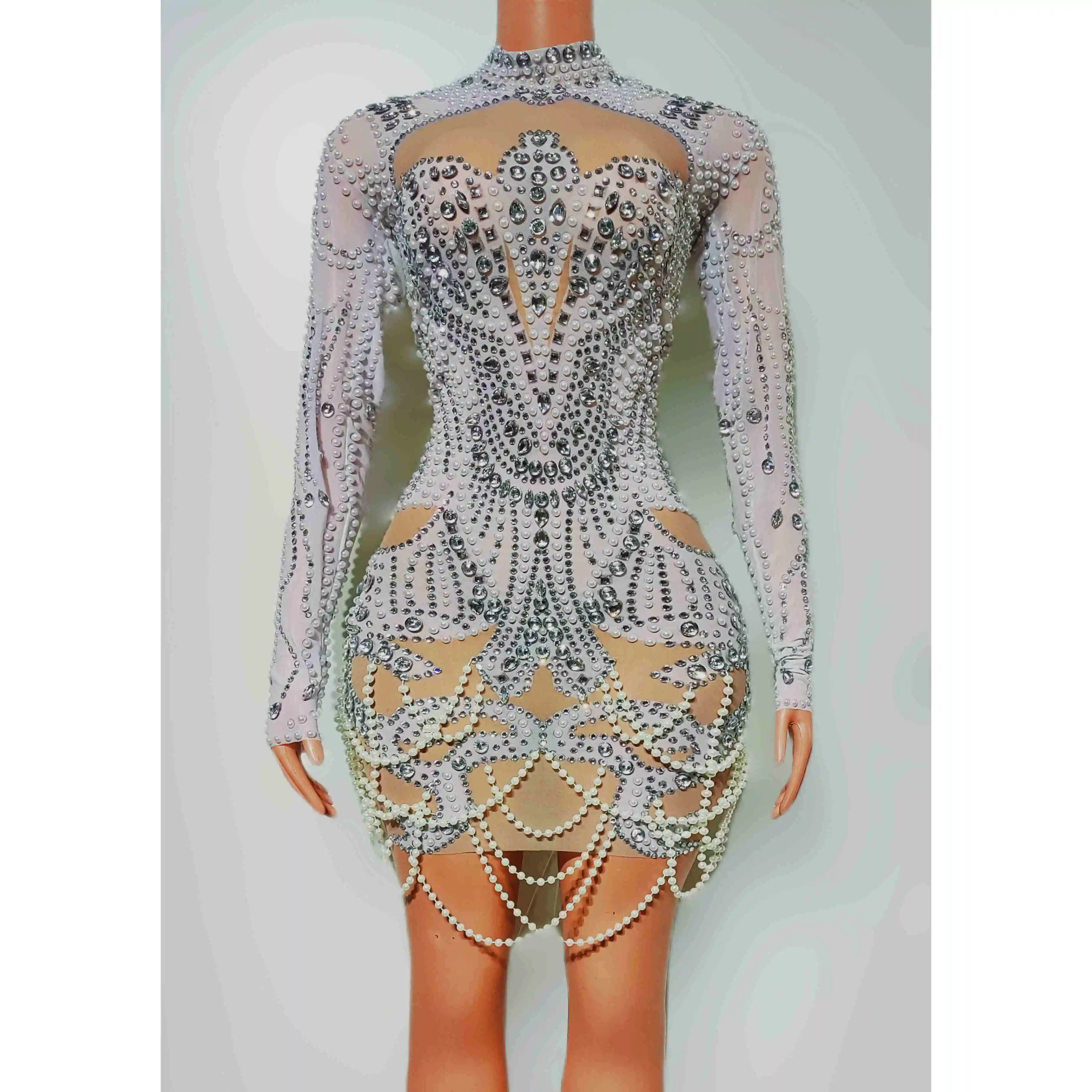 Party Dress Pearl Diamond Mesh Perspective Nightclub Bar Dj Performance Stage Costumes Women Gogo Group Festival Wear DN19603