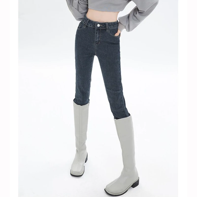 

Лидер продаж, женские узкие джинсы с высокой талией, узкие прямые женские джинсовые брюки для девочек, корейские однотонные тонкие брюки-карандаш