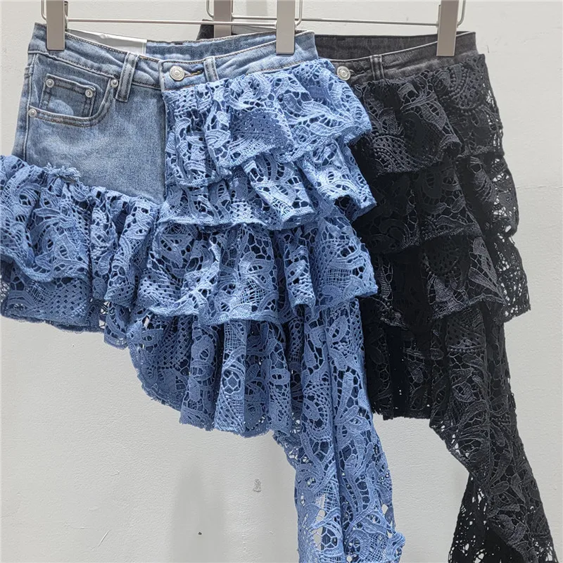 

Niche Style Deconstructed Cut Out Lace Patchwork Denim Skirt for Women, Hot Girl Ribbon Cake Short Skirt Pants Trendy