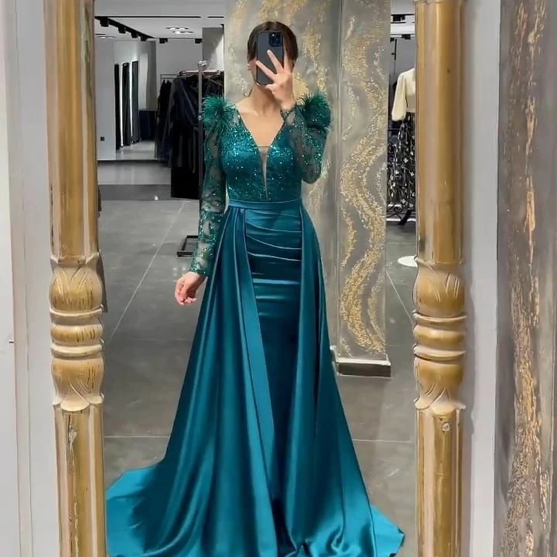 Gorgeous Burgundy Mermaid Formal Evening Dresses Feathers Sparkly Sequins Long Sleeves Women Prom Gowns With Train Wine Robe De