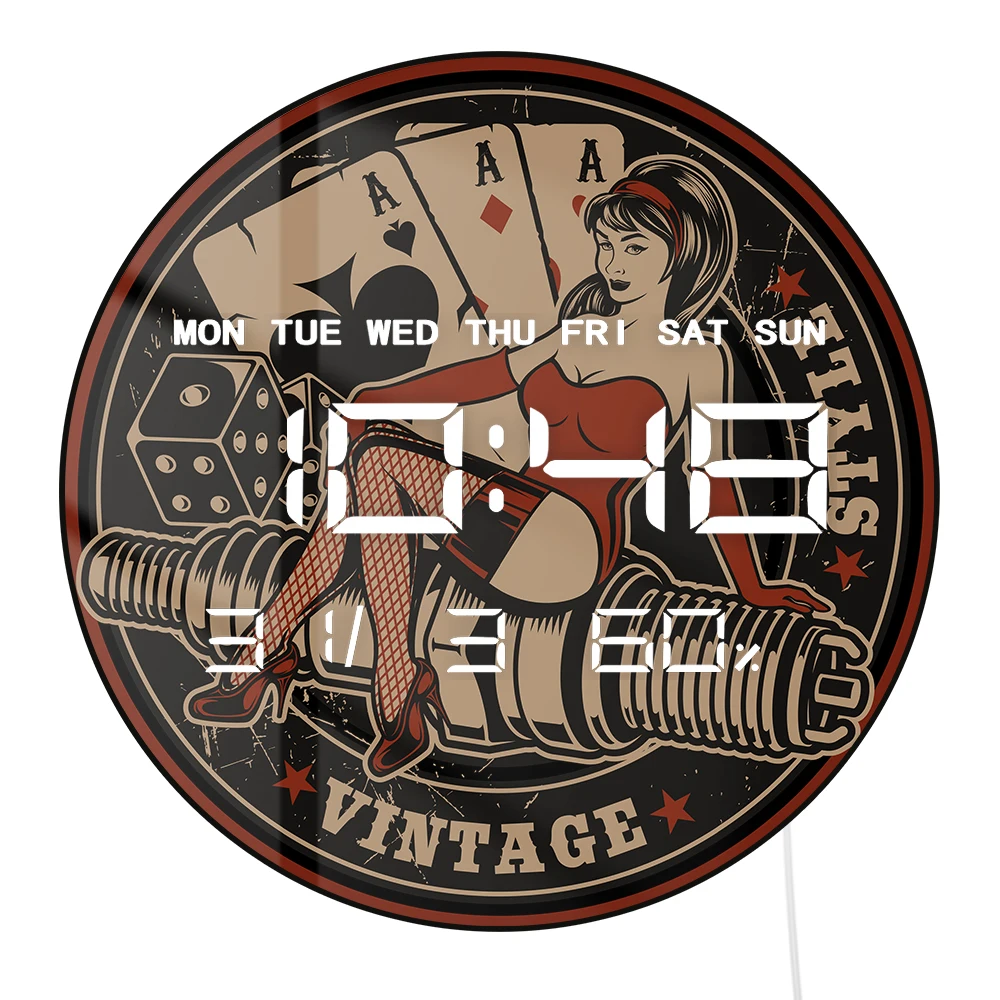 Vintage Pin Up Girl on Spark Plug LED Digital Wall Clock with Timer Date Temperature Display Gambling Room Electronic Wall Clock