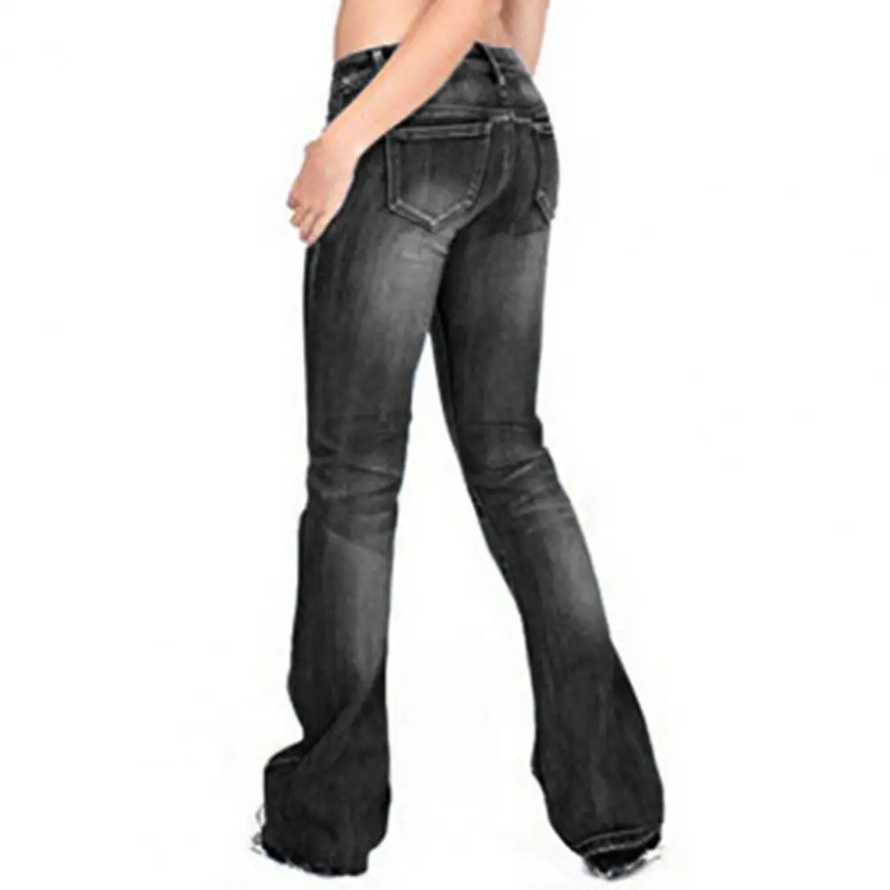 Elastic Denim Trousers Retro Flared Hem Women's Jeans with Gradient Color Mid Waist Fit Stretchy Fabric for Slim Look