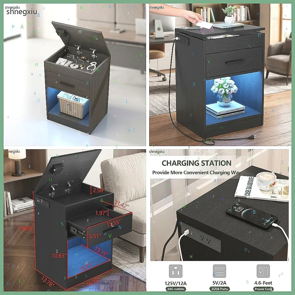 Nightstand with Charging Station, LED Lights, RFID Lock & Outlets, Modern Bedside Table
