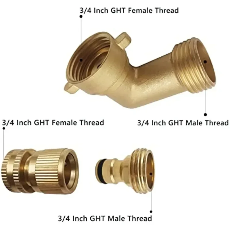 2PC Solid Brass Garden Hose Adapter 3/4 Inch 90 Degree Elbow Connector  and 3/4 Inch Hose Quick Connector