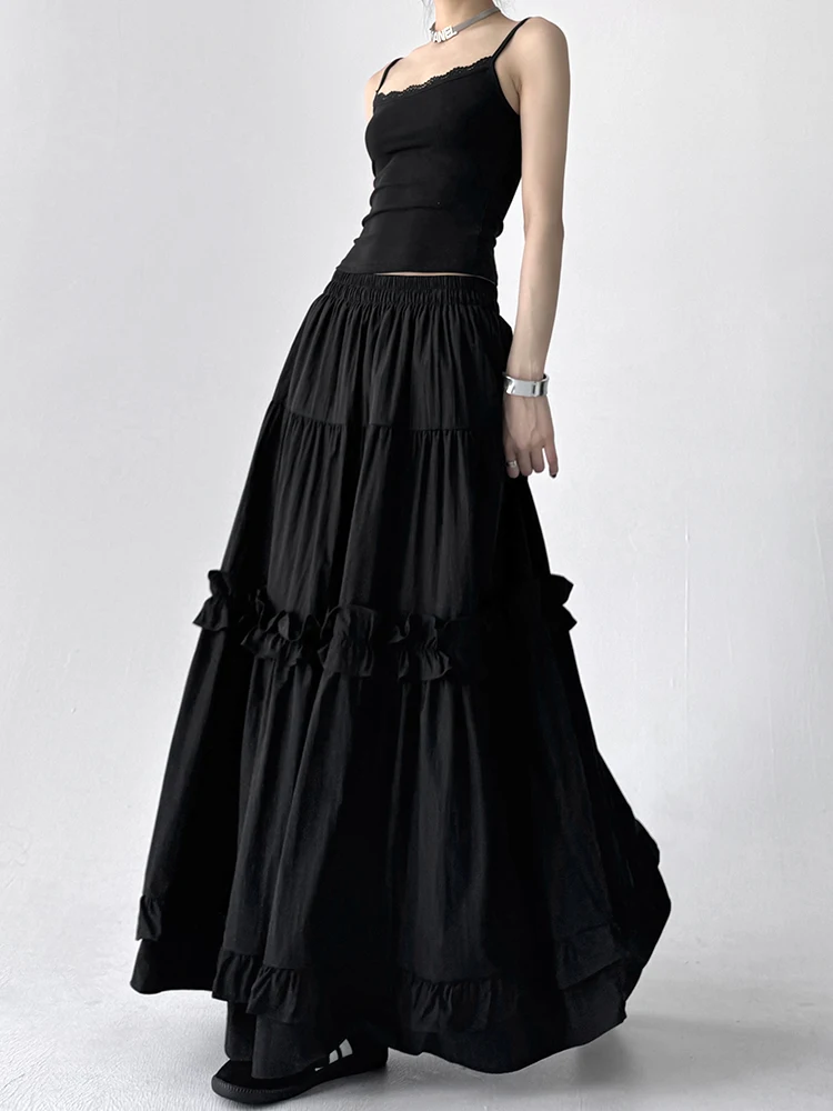 

Антивозрастная юбка-миди трапециевидной формы, женская летняя новая длинная юбка-тортик с кружевной отделкой и высокой талией, полиэстер, смесь хлопка