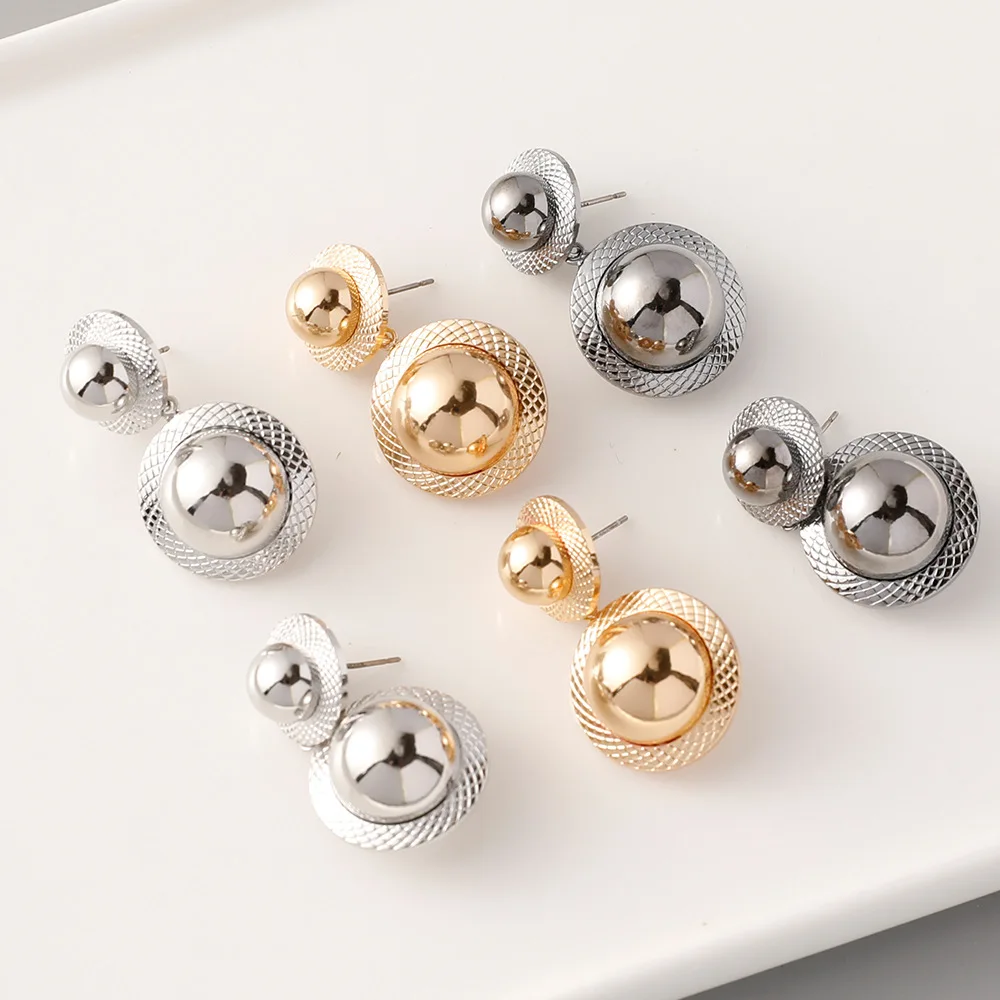 Korean Trendy Alloy Design Geometric Double Sphere Earrings Simple Fashion Temperament Versatile Glossy Galvanic Plating Earring