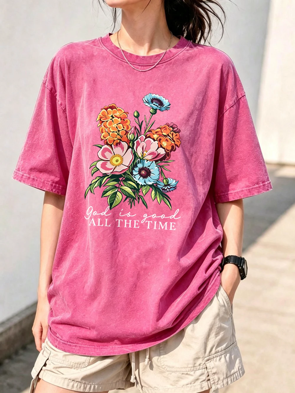 God Is Good Wildflower Bouquet Prints Washed T-Shirts Womens Cotton Oversized Tops Casual O-Neck Distressed Tees Summer Clothes