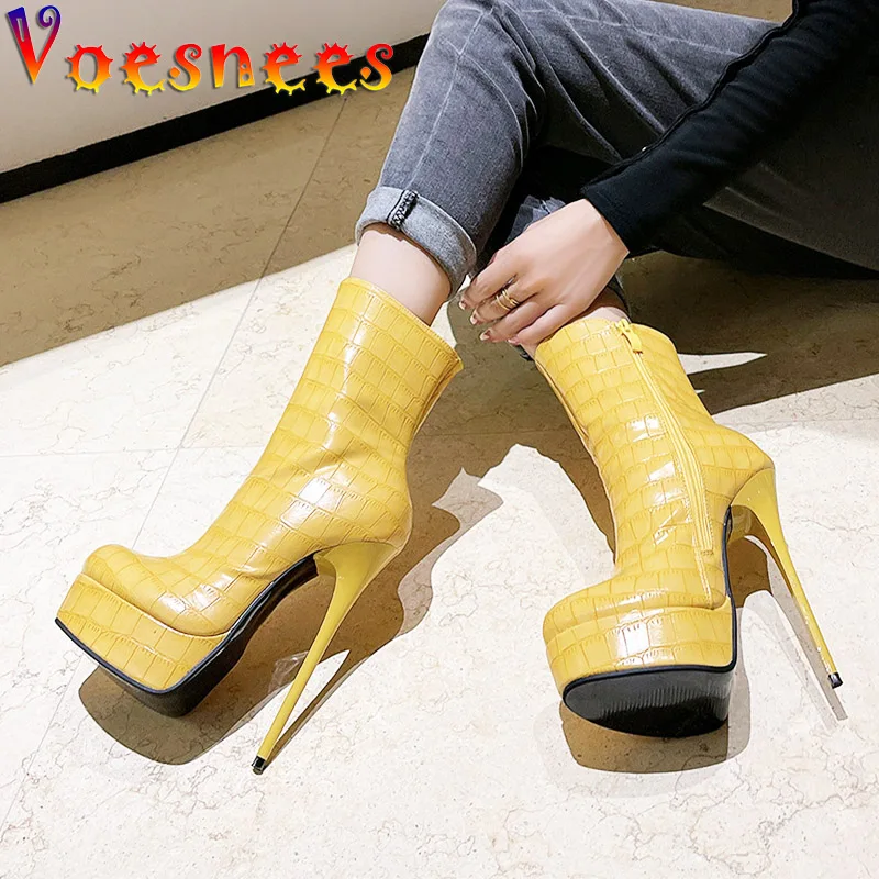 Women\'s Plus Size Heels In 2022 15CM Thin High Heel Emboss Fashion Boots Side Zipper Women Platform Stage Model Shoes Pole Dance