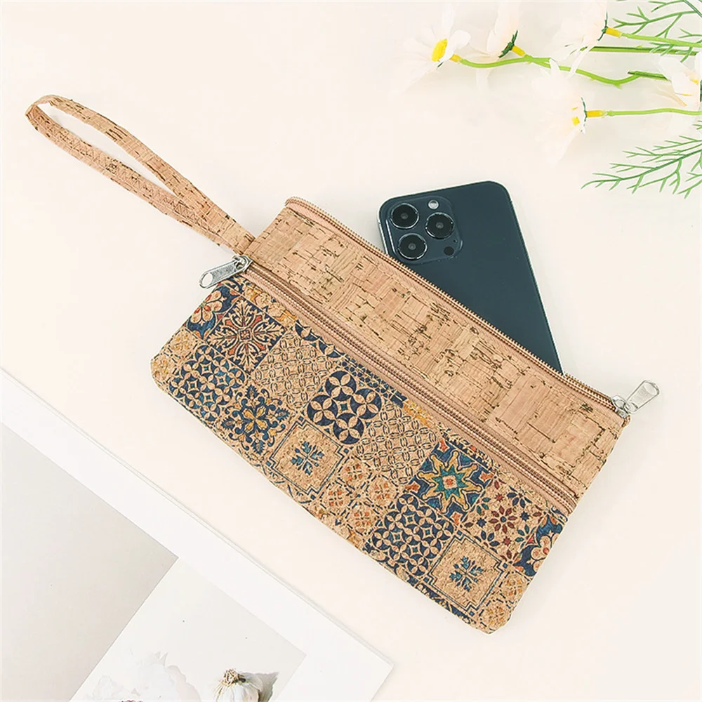 Women Men Cork Print Coin Purse Portable Cell Phone Pouch Mini Wallet Double Layer Zipper Money Bag Key Lipstick Organizer Pouch