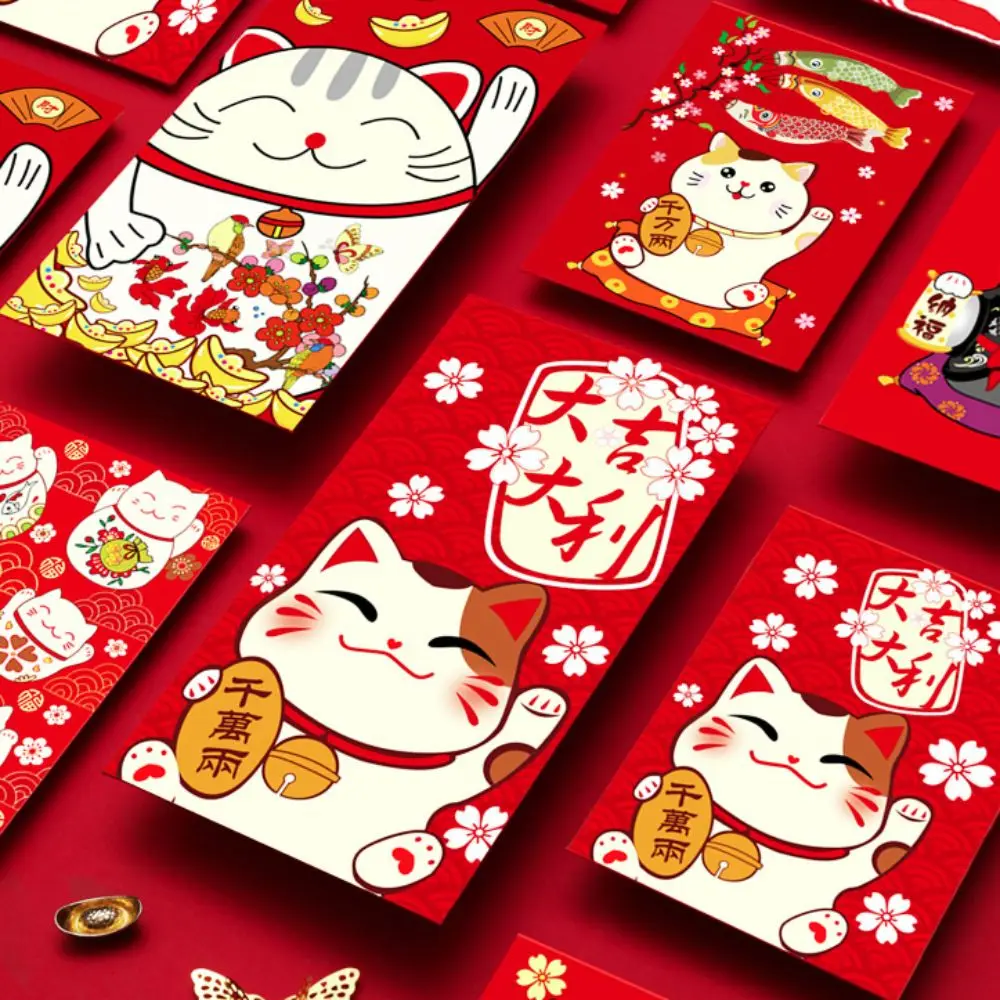 น่ารักโบราณ Lucky Cat ซองจดหมายสีแดงหนาสี่เหลี่ยมผืนผ้า Lucky เงินกระเป๋าสีสัน HongBao วันเกิด