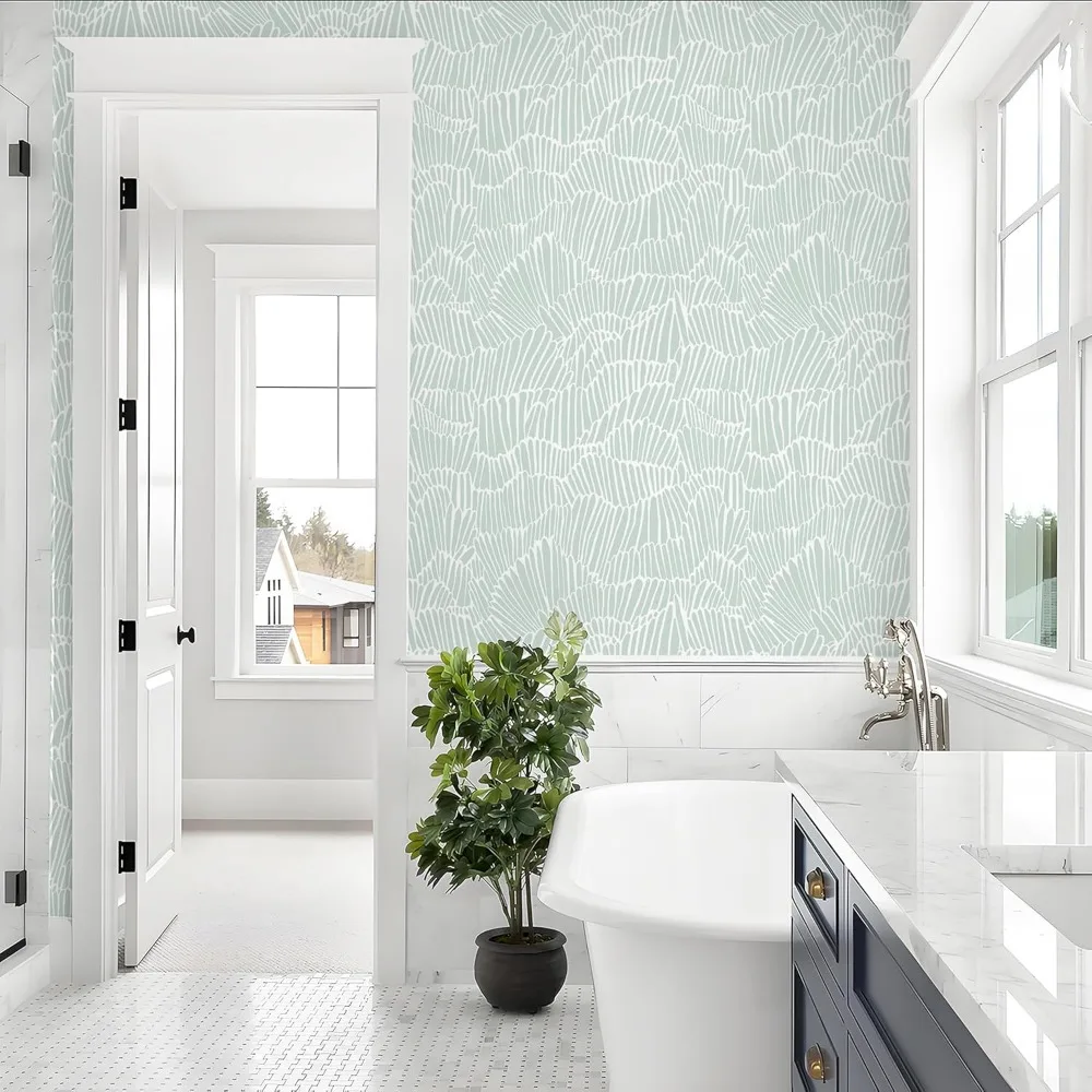 ورق جدران بوهو مخطط باللونين الأخضر والأبيض الحديث قابل للإزالة للداخلية الاستوائية الساحلية