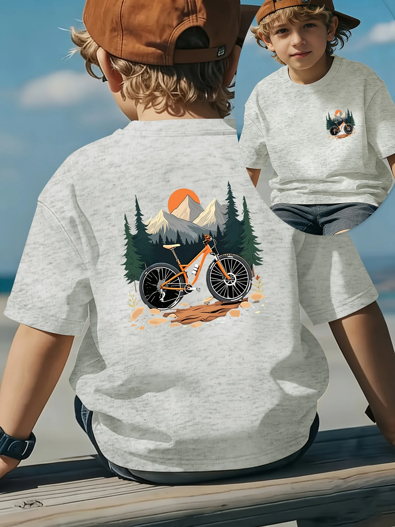 Boys Front & Back Print T‑Shirt, Mountain Bike Off‑Road Forest Snow‑Mountain Scenery Graphic Crew Neck Tee for 1‑14Y
