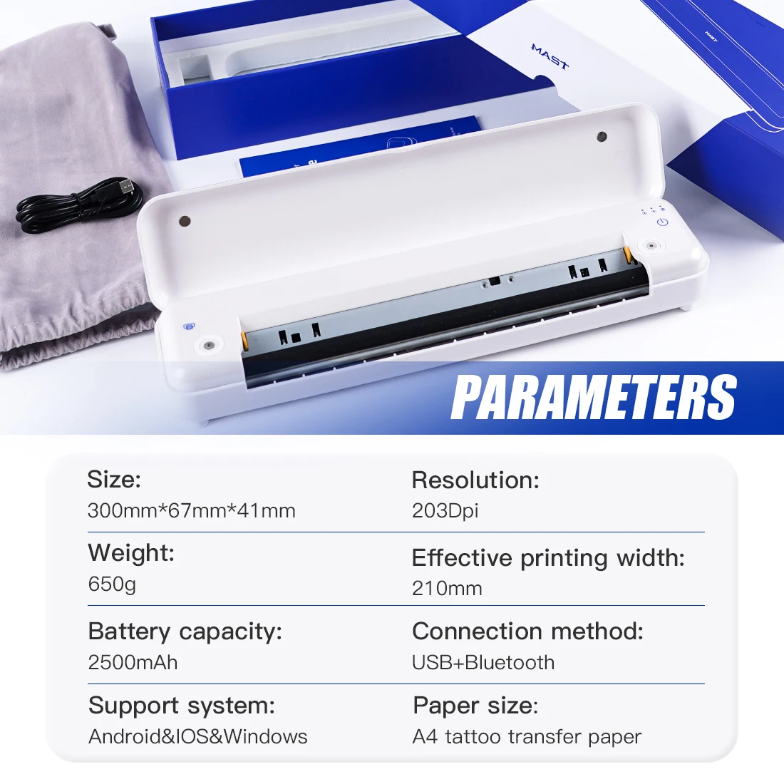 Mast Wireless Thermal Tattoo Stencil Printer Compatible with Android Ios Windows Bluetooth Convenient Operation Transfer A4Paper