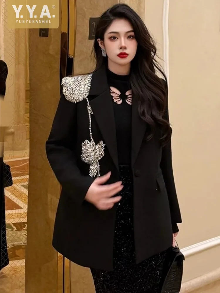 Office Ladies Elegant Suit Jacket Luxury Fashion Diamonds Black Blazers Women Single Button Autumn Winter Design Outwear