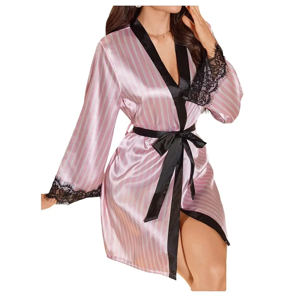 

Women's Satin Robe Striped Lace Trim Tie Waist Long Sleeve Lounge Robe Sleepwear