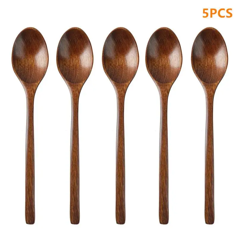 5 Pieces Wooden Spoon Soup Spoon And Fork Tableware Natural Ellipse Ladle Spoon Set Eco Friendly Products Spoons For Cooking