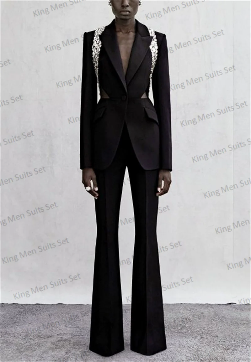 Black Crystals Women Suit Set Blazer+Flare Pants 2 Pieces Hollow Back Jacket Sexy V Neck Designer Luxury Custom Made Costumes