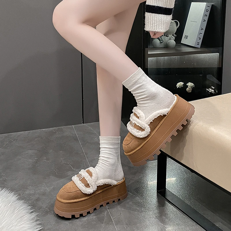 2024Autumn/Winter New Thick Bottom Baotou Slippers for Women with Velvet Warm Buckle and Sponge Bottom Cotton Slippers for Women