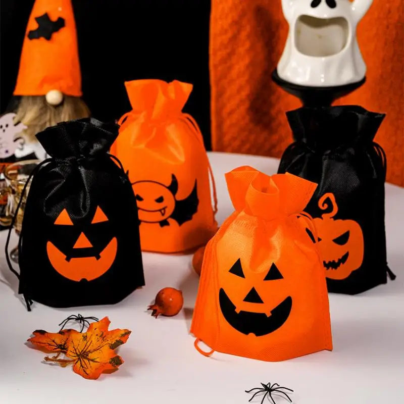 10Pcs Halloween Pumpkin Candy Bag Non-woven Fabric Drawstring Storage Bags Biscuit Gift Storage Pouch Party Supplies Kid Favor