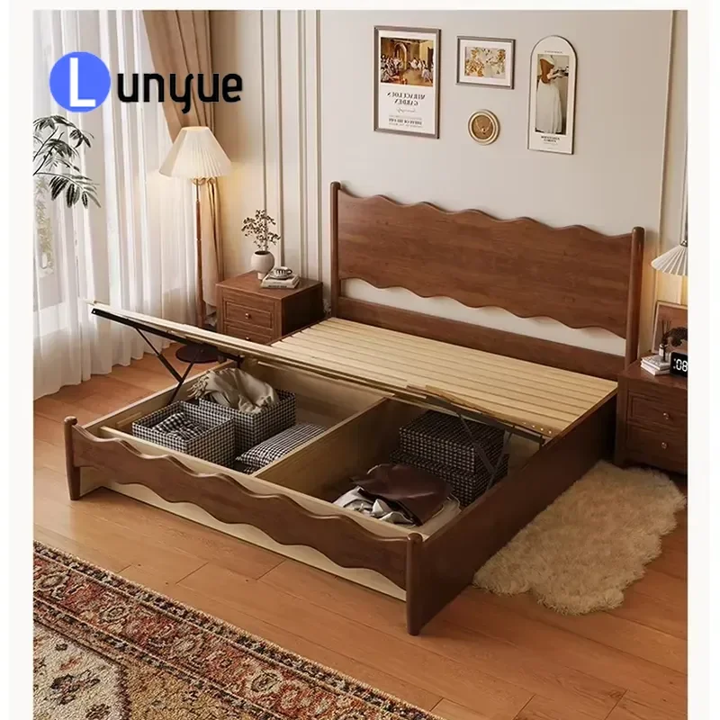 Modern Solid Rubber Wood Bed with Soft Headboard and Storage Space Saving Durable Comfortable Eco Friendly Furniture for