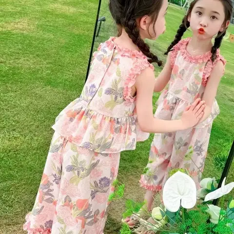 자세히 둘러보기 1pcs Summer Thin Girls' Flower Suits Sleeveless Vest Top+Pants Set Kids' Sweet Fashion Clothing Sets Children Vest Wide Leg Pant