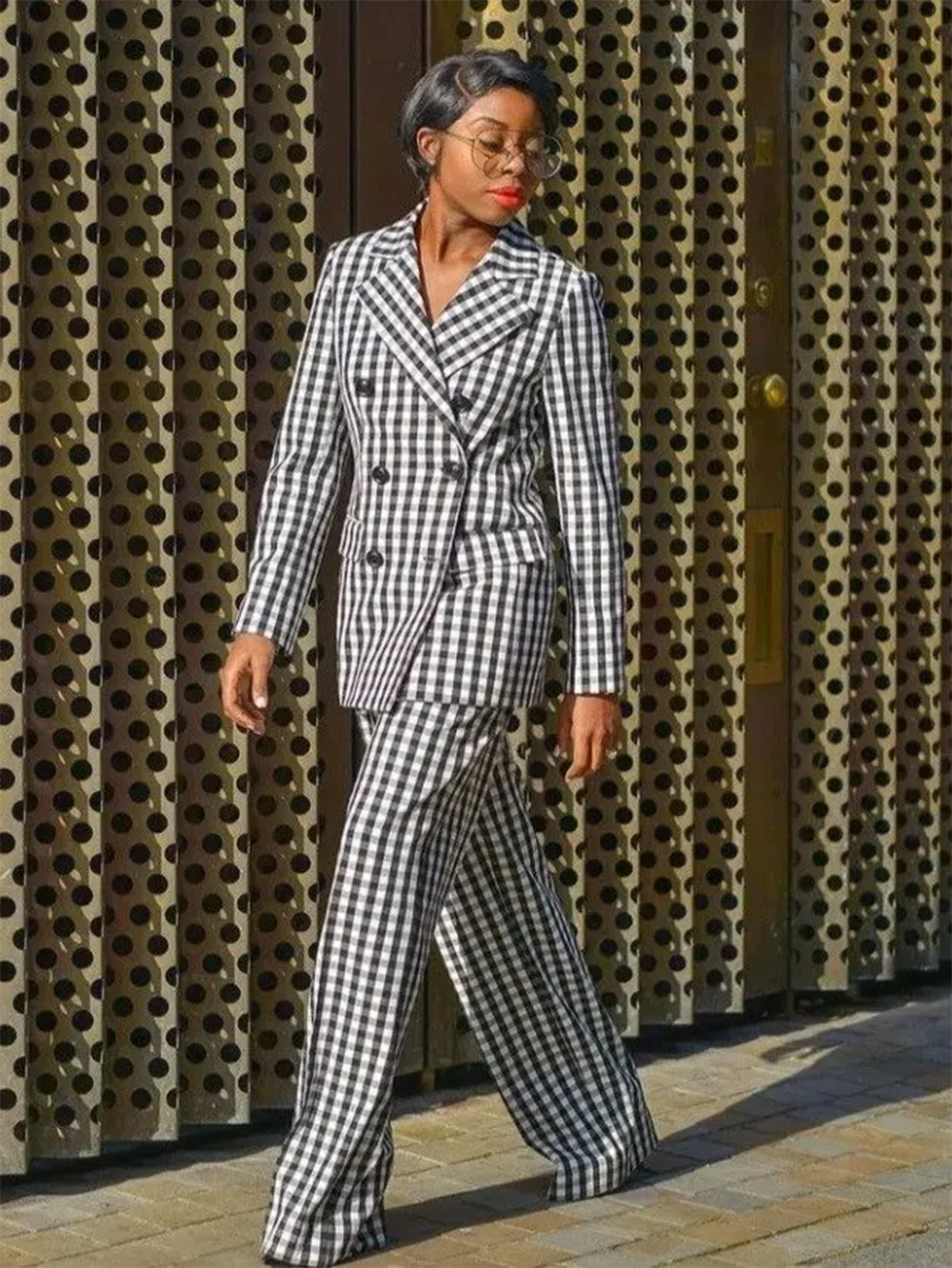 Costumes à carreaux à double boutonnage pour femmes, streetwear sportif, ensemble veste et pantalon deux pièces, robe de mère de la mariée, bureau féminin, printemps