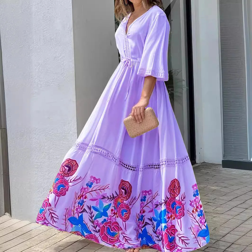 

2024 Elegant Print Maxi Dress for Women's Batwing Sleeve Tunic Spring/Autumn Robe Dress Tunic Casual Women Beach Swing Dresses