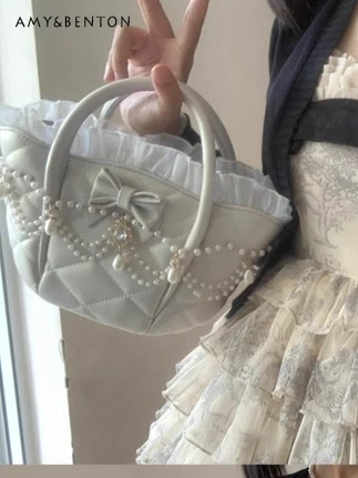 

Original Sweet Pearl Bow Lace Ribbon Handbag Women French Elegant Atmosphere Pearl Princess Handbags Small Capacity PU Bag