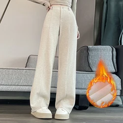 Women's New Autumn And Winter Casual Solid Color Texture Thickened Velvet Wide-Leg Warm Fleece Button Pants Soft