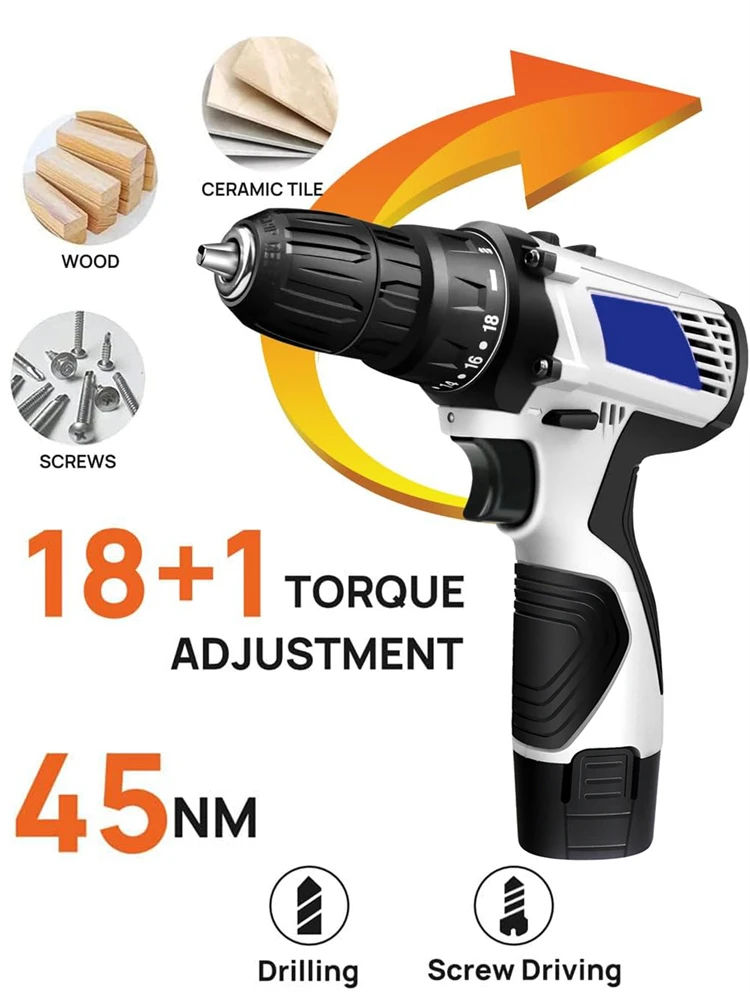 

16.8V Mini Cordless Drill Driver Kit, 3/8" Chuck 45Nm Electric Screwdriver Driver with LED Light, 18+1 Torque, 2 Speed