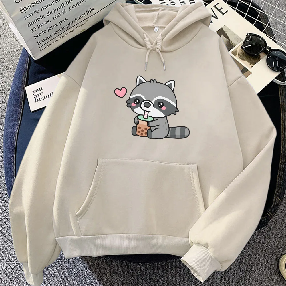 

Cute Raccoon Eating Bubble Milk Tea Hoodies Long Sleeve Women/Men Sweatshirt with Hooded Kawaii Cartoon Printing Pullovers Hoody