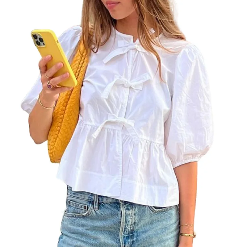 

Women Vintage Chic Striped Puff Sleeve T Shirt Fashion Casual Lace Up Round Neck Cropped Tops New Female Commuting Streetwear